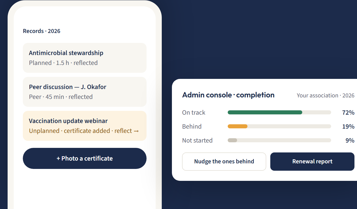 The member's CPD entries in the app, beside the association's Control Panel.