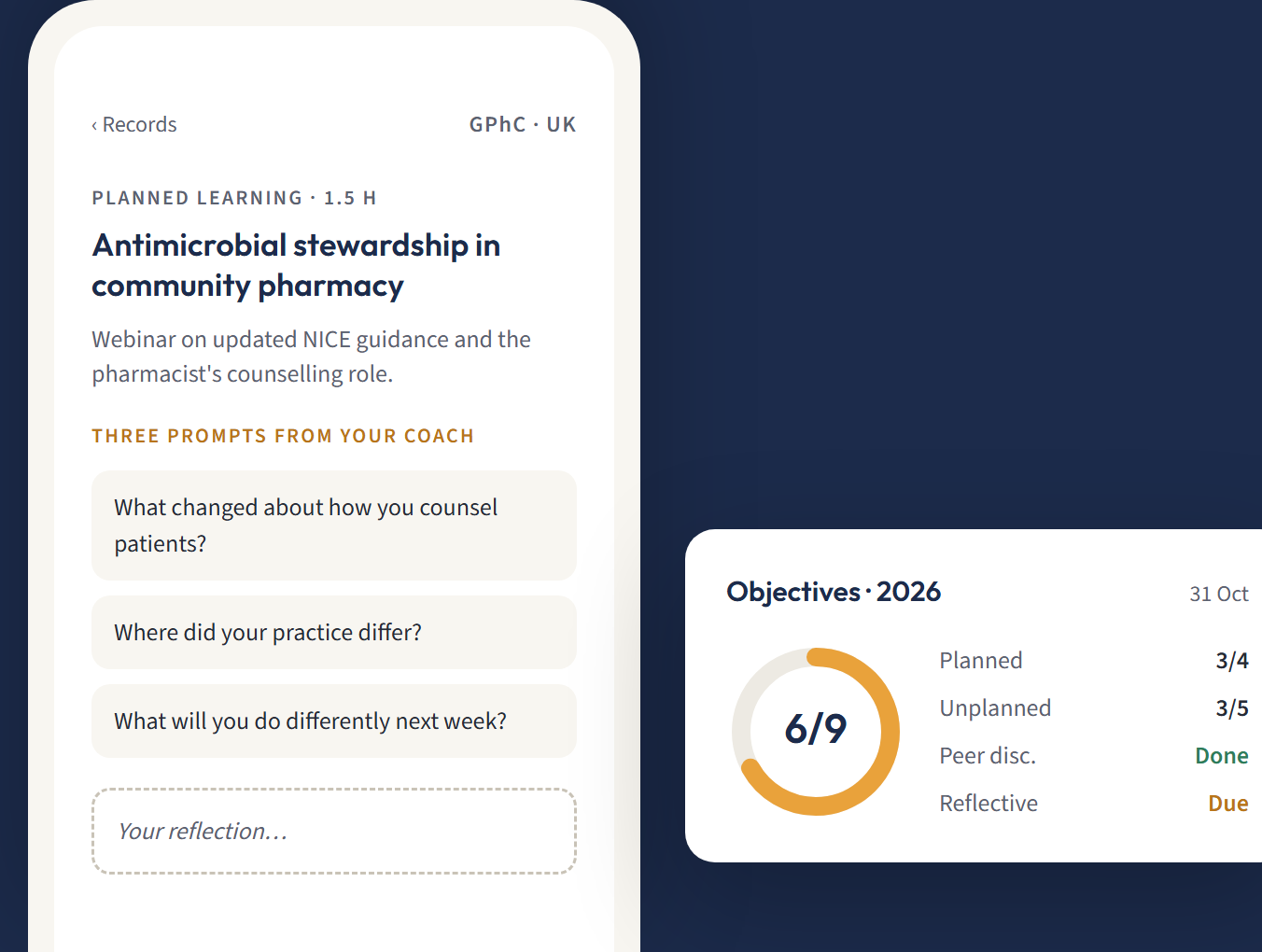 The RiverCPD app: a CPD entry with the AI coach's questions, beside the member's progress towards their target.